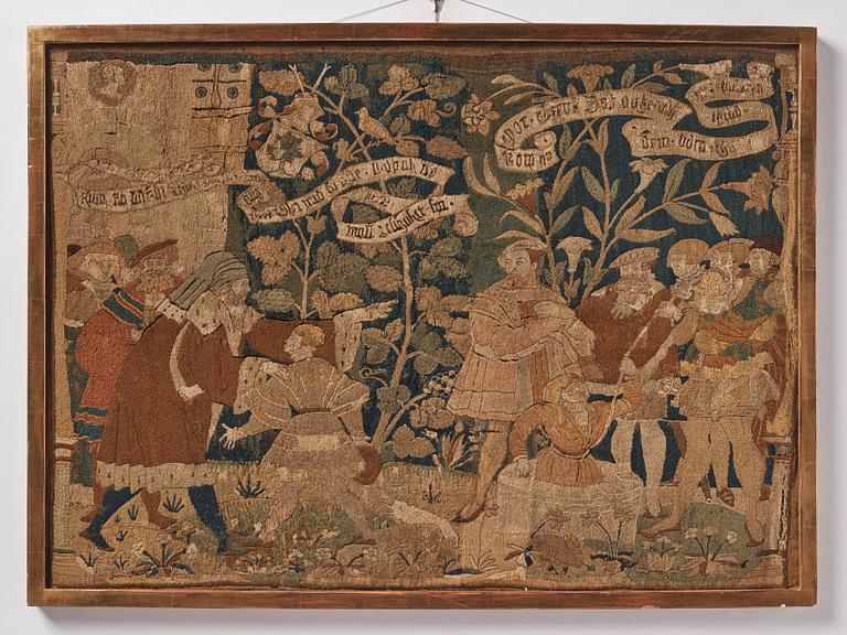 An embroidered framed fragment of a Swiss table carpet, first half of the 16th century.