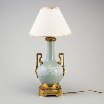A 20th century celadon Chinese porcelain vase/table lamp, with  european gilt-bronze mount, 19th century.