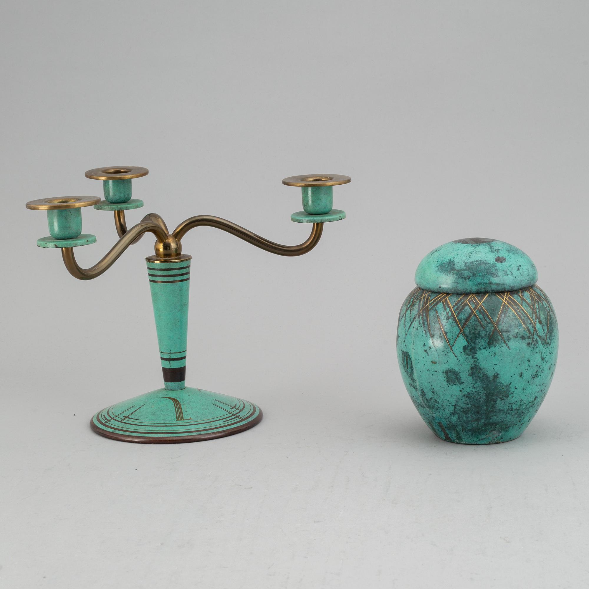 An art déco candelabrum and urn from WMF Ikora.