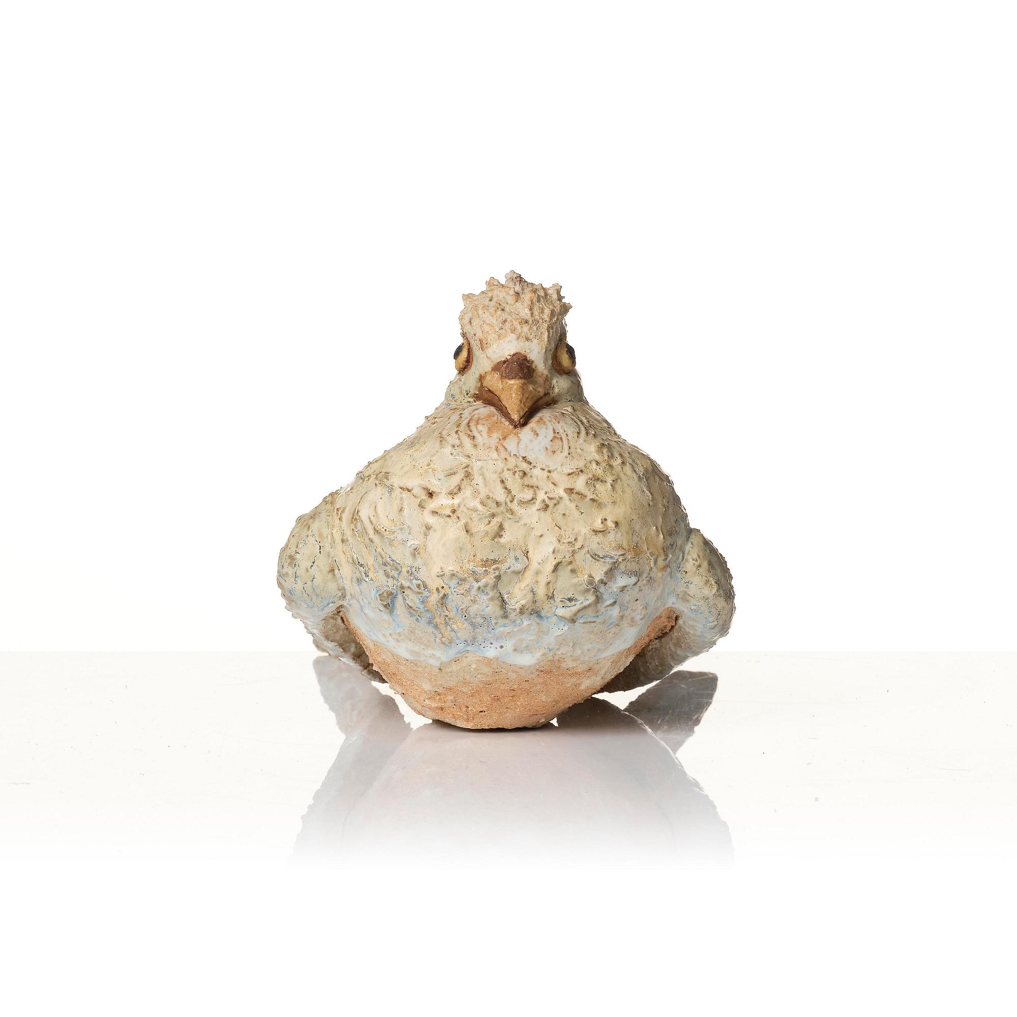 Tyra Lundgren, a chamotte stoneware sculpture of a bird, executed in her studio, Bredkvie, Gotland 1974.