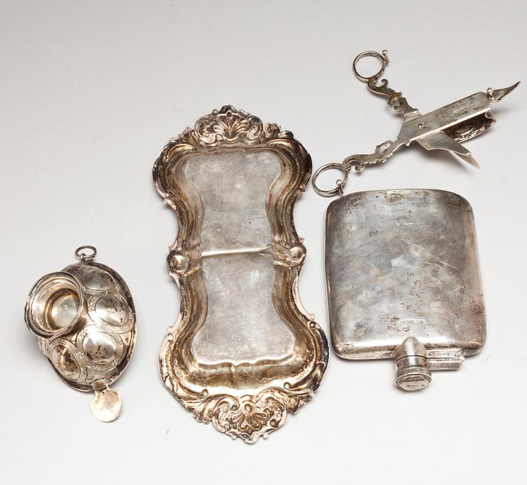 PARTI SILVER, 4 delar, Sverige och England, 18/1900-tal. Total vikt ca 418 g.