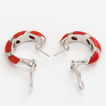 Earrings, coral, 18K white gold, brilliant-cut diamonds, Italy.