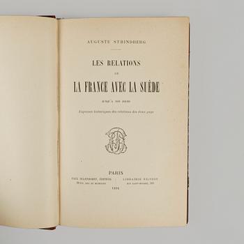 BOK, 2 exemplar "Les relations de la France avec la Suède" av August Strindberg, Paris 1891.