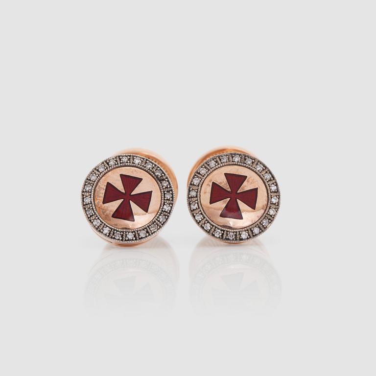 A pair of brilliant-cut diamond and enamel cufflinks. Total carat weight of diamonds 0.12 ct.