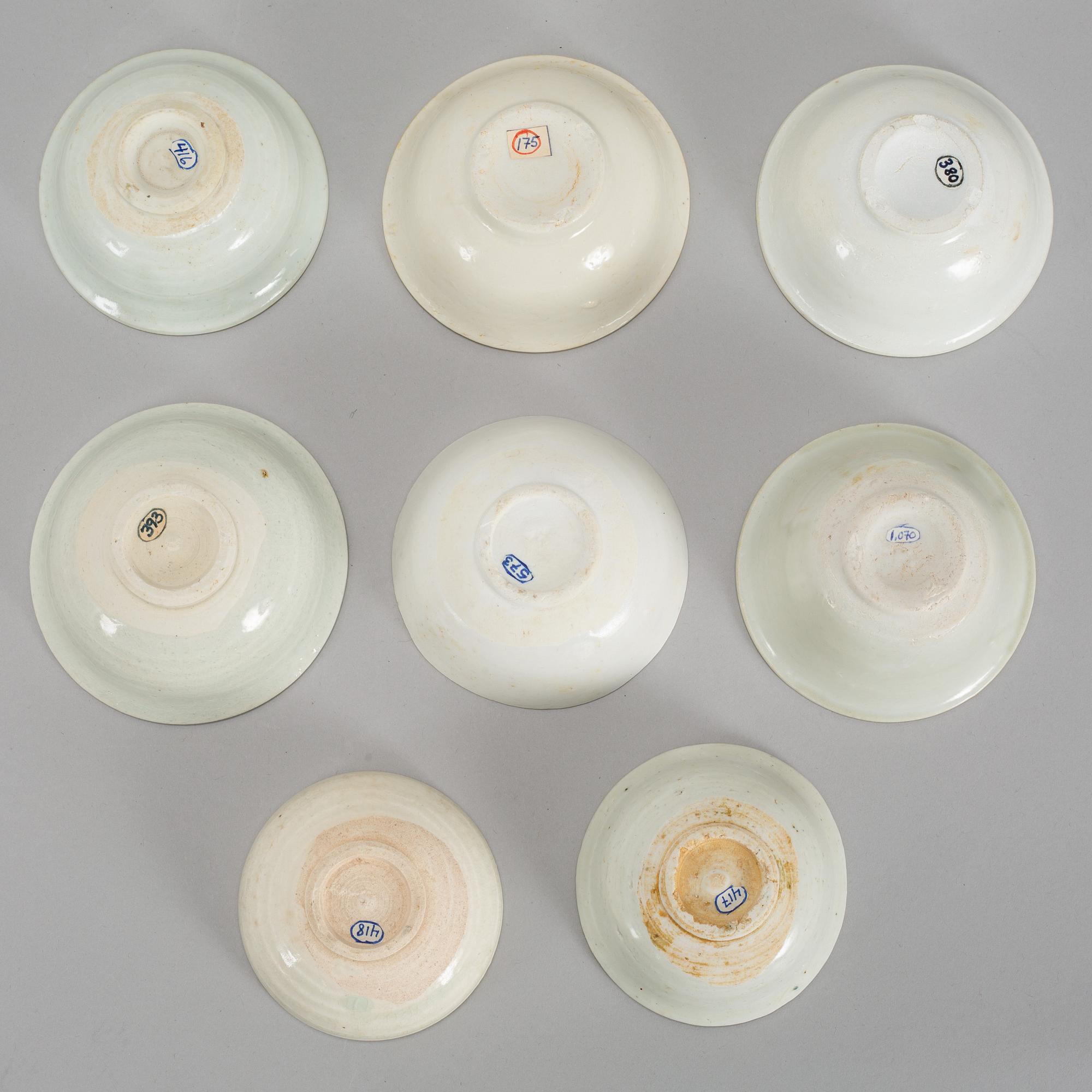 Eight white glazed Southeast asian ceramic bowls, 16th/17th century.