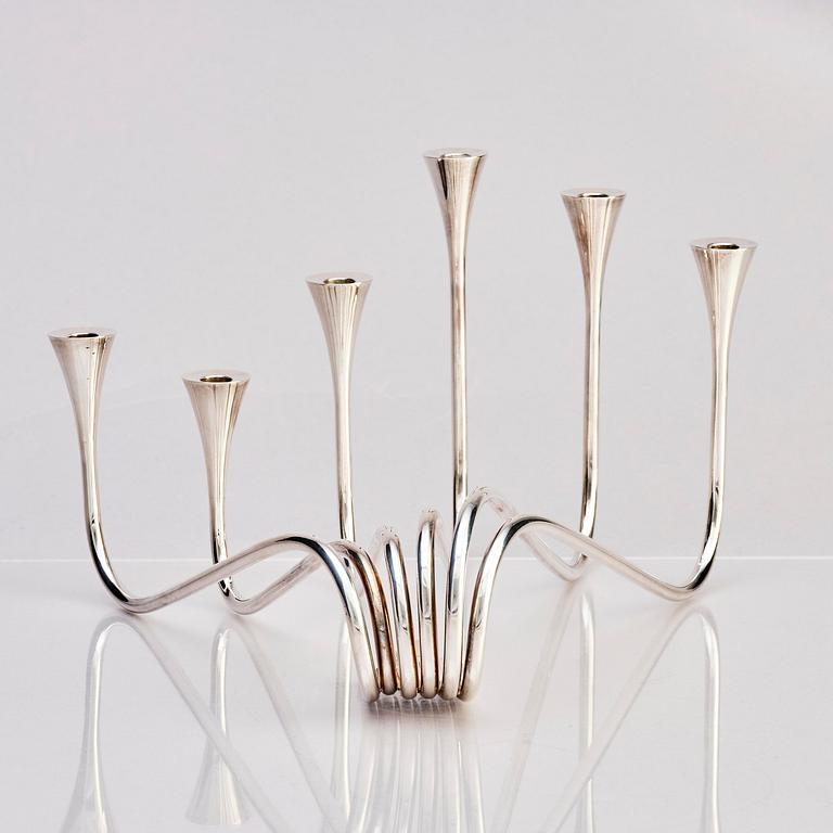 Ibi Trier Mørch, a pair of "Bølgeslag" six-branched sterling silver candelabra for A. Michelsen, Denmark 1951.