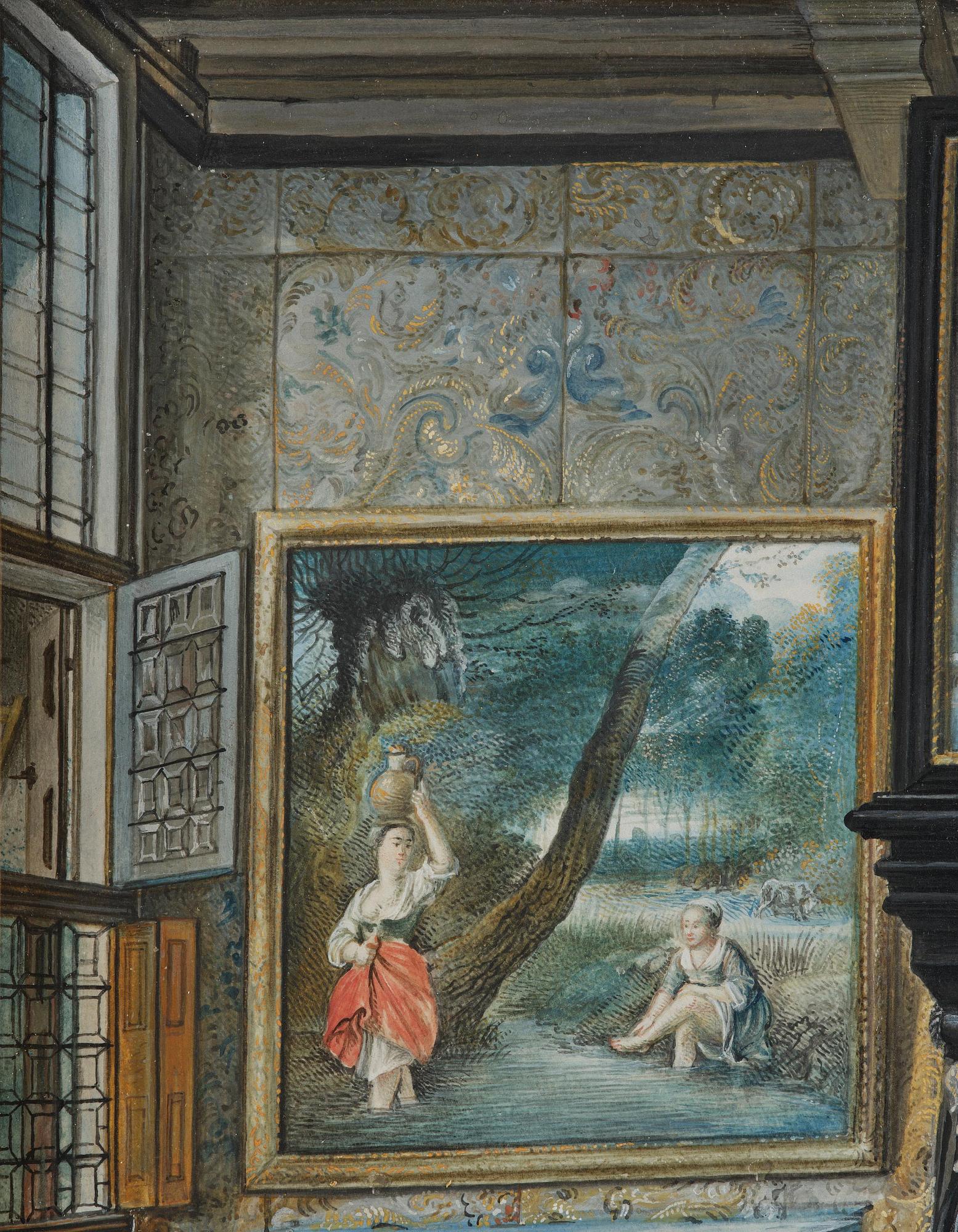 Jean Briand de Crèvecoeur, Bedchamber interior with figures, dog, and paintings by Jan Siberechts.