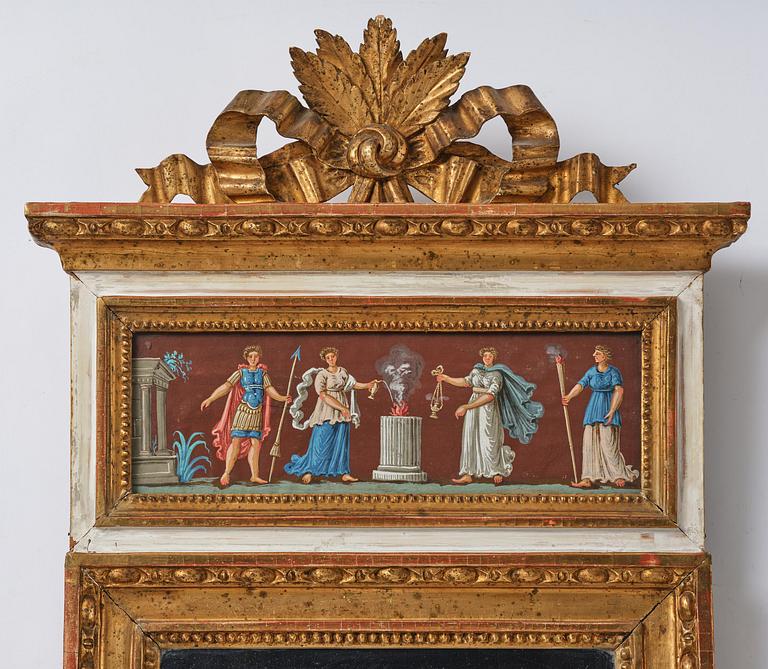 A pair of late Gustavian giltwood and gouache-inset mirrors, Stockholm, late 18th century.