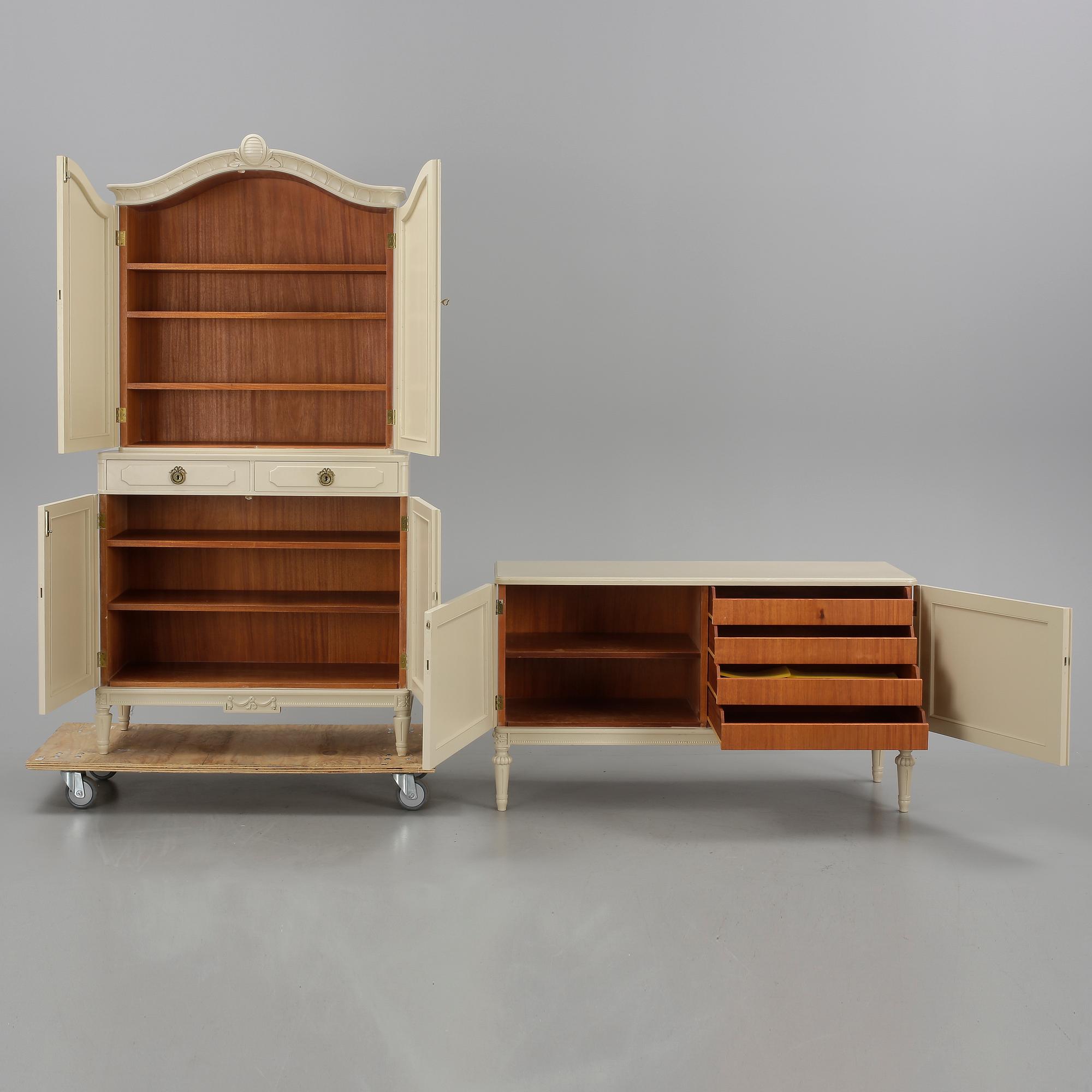 SKÅP samt SIDEBOARD, gustaviansk stil, 1900-talets mitt.