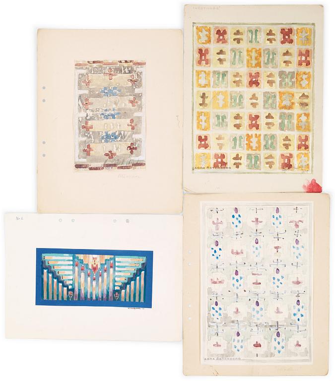 CARPET SKETCHES, 4 sheets. Watercolour and graphite. Three by Agda Österberg and one by Astrid Nyström.