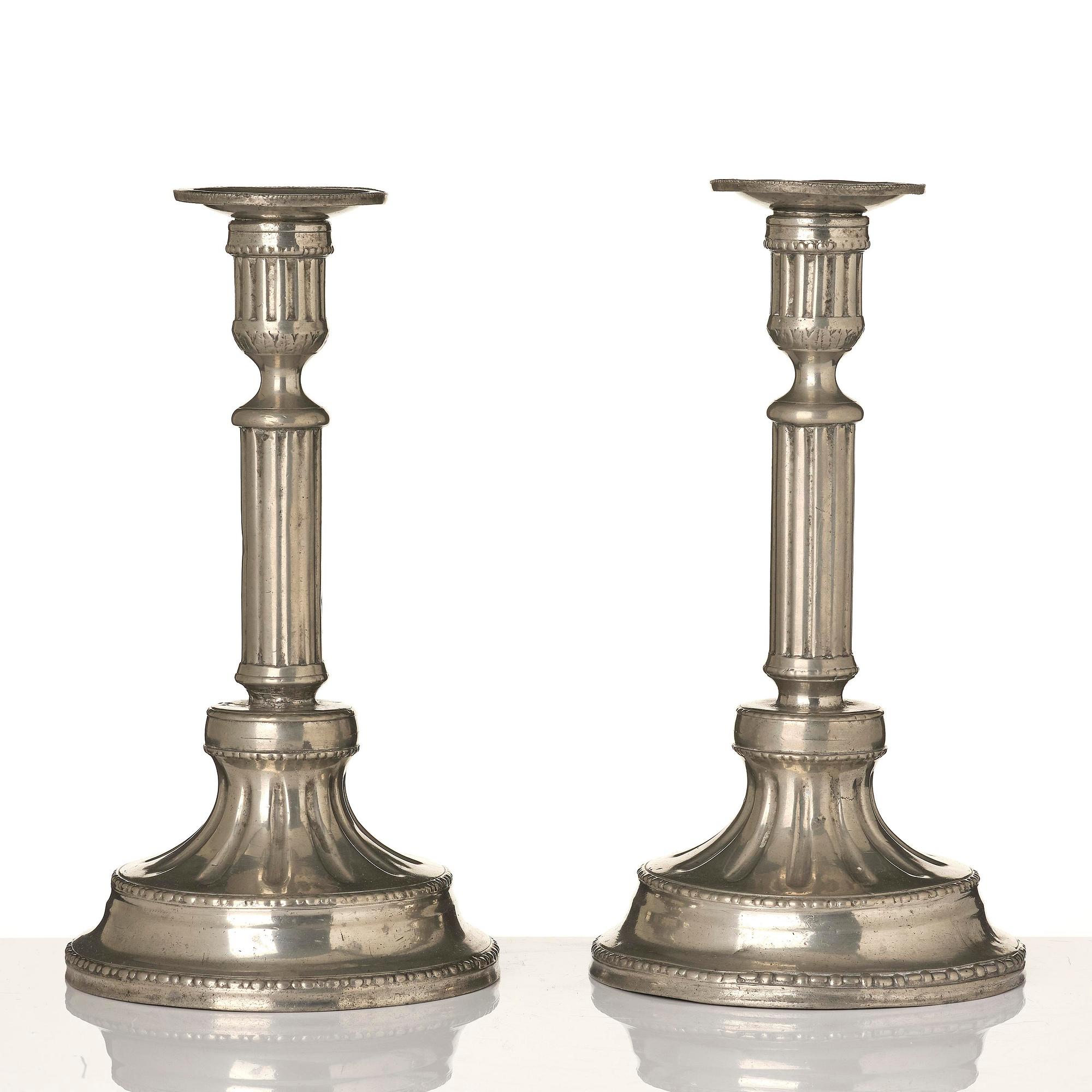 A pair of Gustavian pewter candlesticks by P. Gillman, Stockholm 1786.