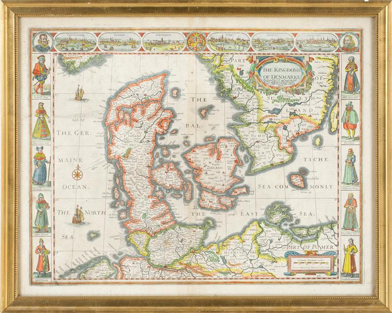 KARTA, handkolorerad etsning, "The Kingdome of Denmarke", Thomas Bassett and Richard Chiswell efter John Speed, 1600-tal.