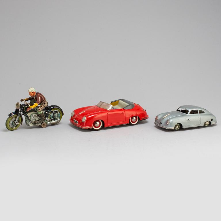 2 TOY CARS and 1 MC. Distler Porsche, JNF Prototype Porche, Arnold MC, mid 20th century.
