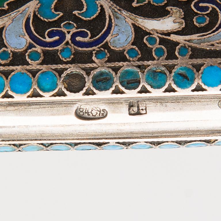 A Russian silver and cloisonné cigarette case, Moscow 1898-1914.