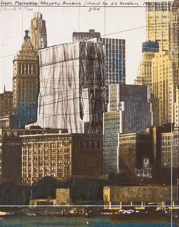 Christo & Jeanne-Claude, "Lower Manhattan wrapped building, project for 2 Broadway, New York".