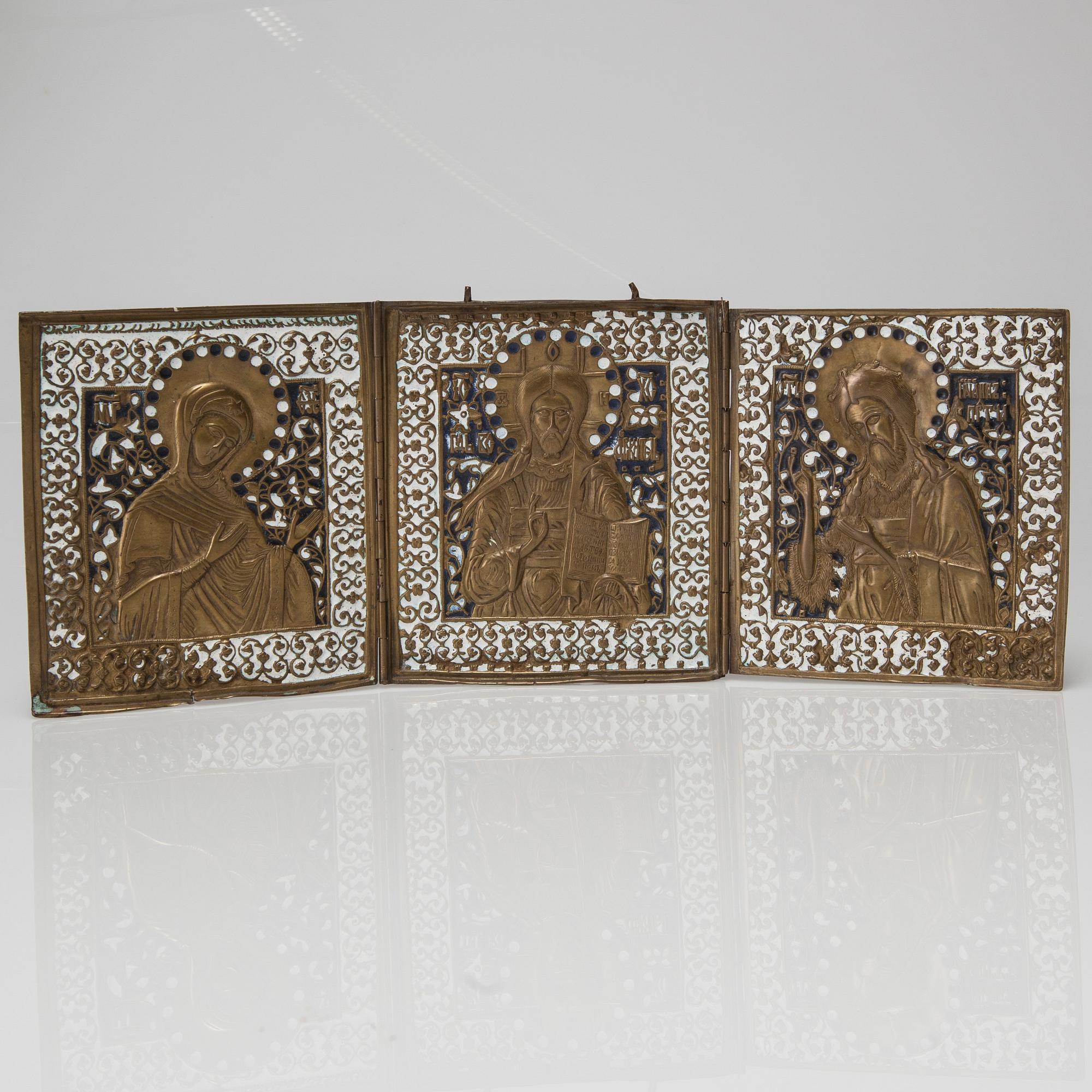 IKON, triptyk, mässing samt emalj, Ryssland 1800-tal.