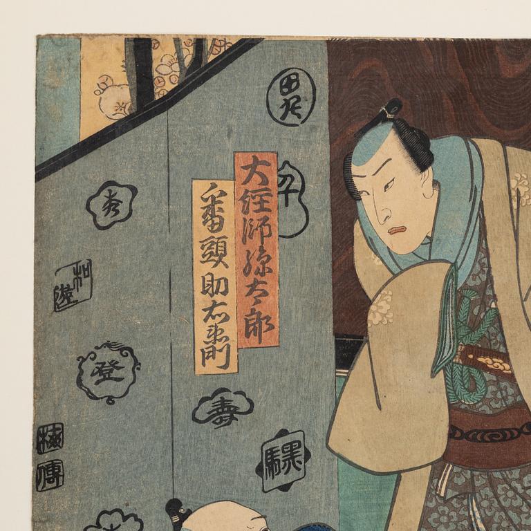 Utagawa Kunisada, tre träsnitt samt Utagawa Kuniyoshi, träsnitt.