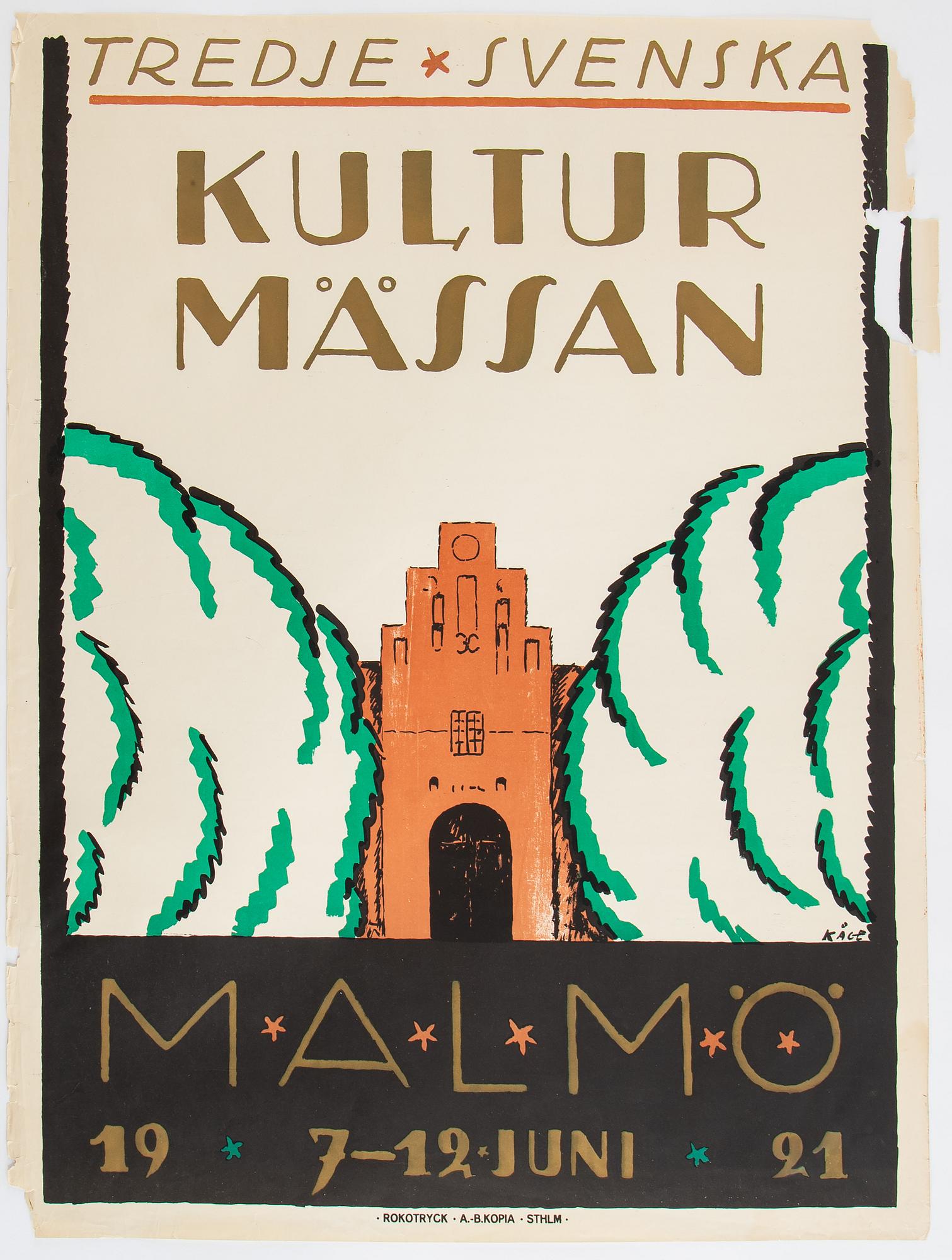 Wilhelm Kåge, litografisk affisch, "Kulturmässan Malmö", Rokotryck, A.-B. Kopia, Sthlm, 1921.
