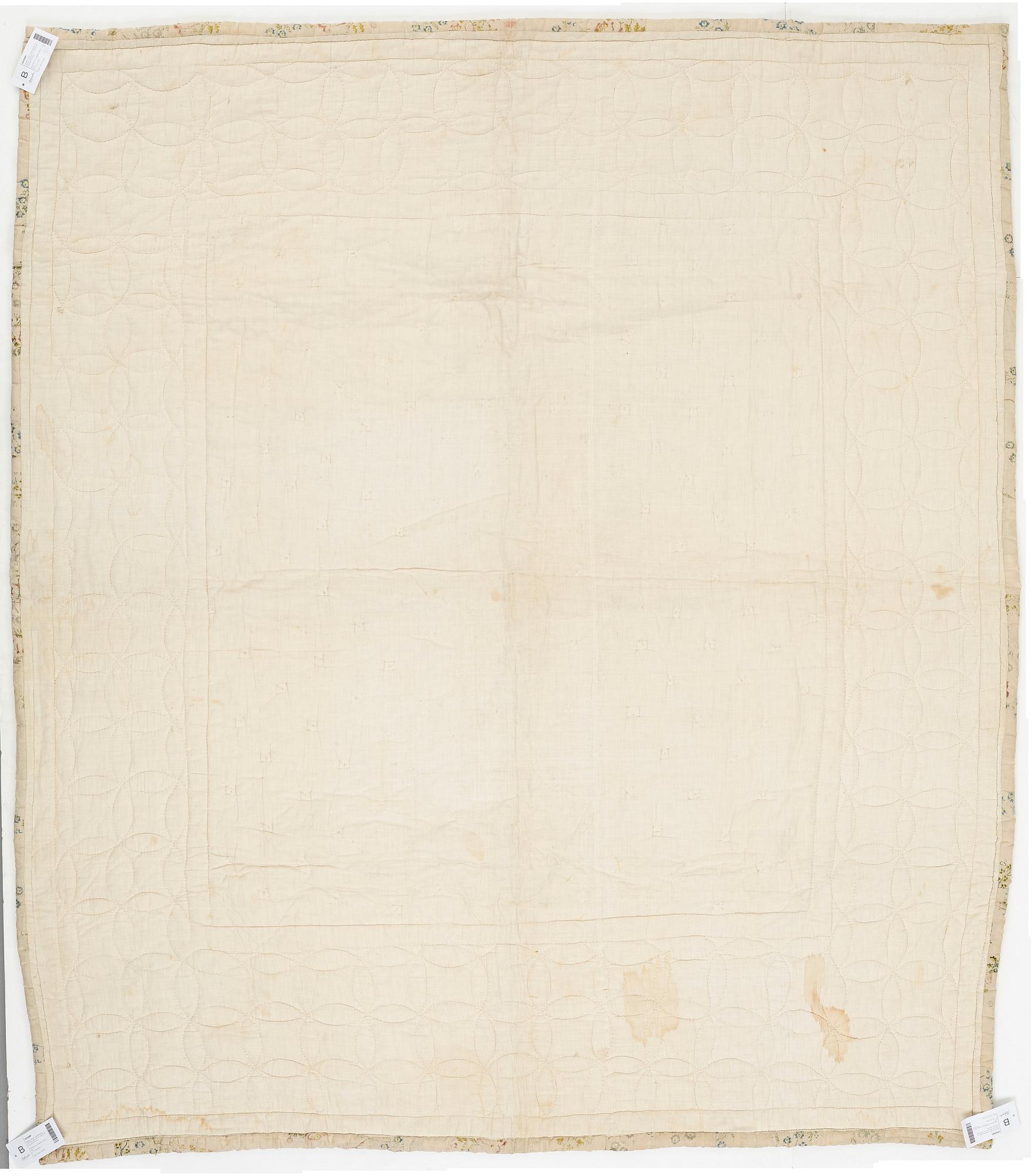 A SILK BED COVER, quilted, ca 192-193 x 164-170 cm, probably Sweden 18th century.