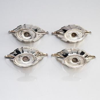 Four English 18th century silver salt-cellars, mark of William Fountain & Daniel Pontifax, London 1791, and spoons.