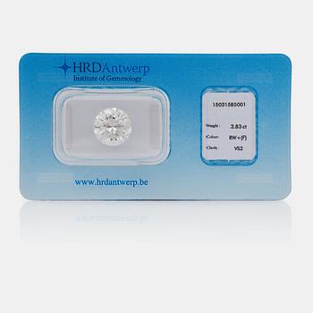 512. DIAMANT, oinfattad briljantslipad diamant 3.83 ct, F/VS2, enligt HRD certifikat. Tillhörande ringskena medföljer.