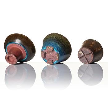 Wilhelm Kåge, a set of two "Farsta" stoneware vases and a footed bowl, Gustavsberg Studio 1956-60.