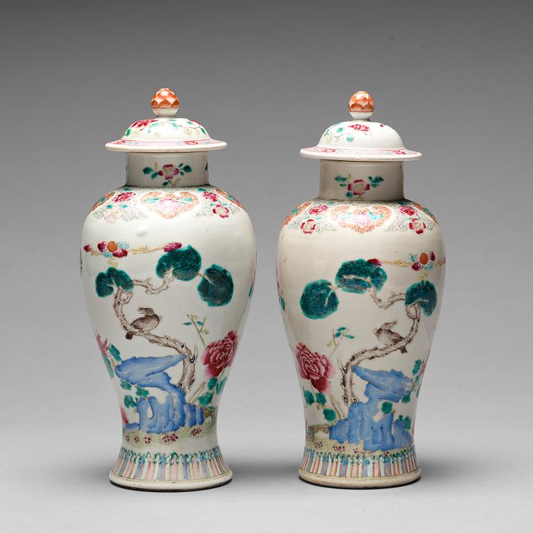 A pair of famille rose vases with covers, Qing dynasty, Qianlong (1736-95).