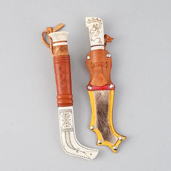 Valter Ranestål, a Sami reindeer horn knife, signed, and a Sami reindeer horn knife, not signed.