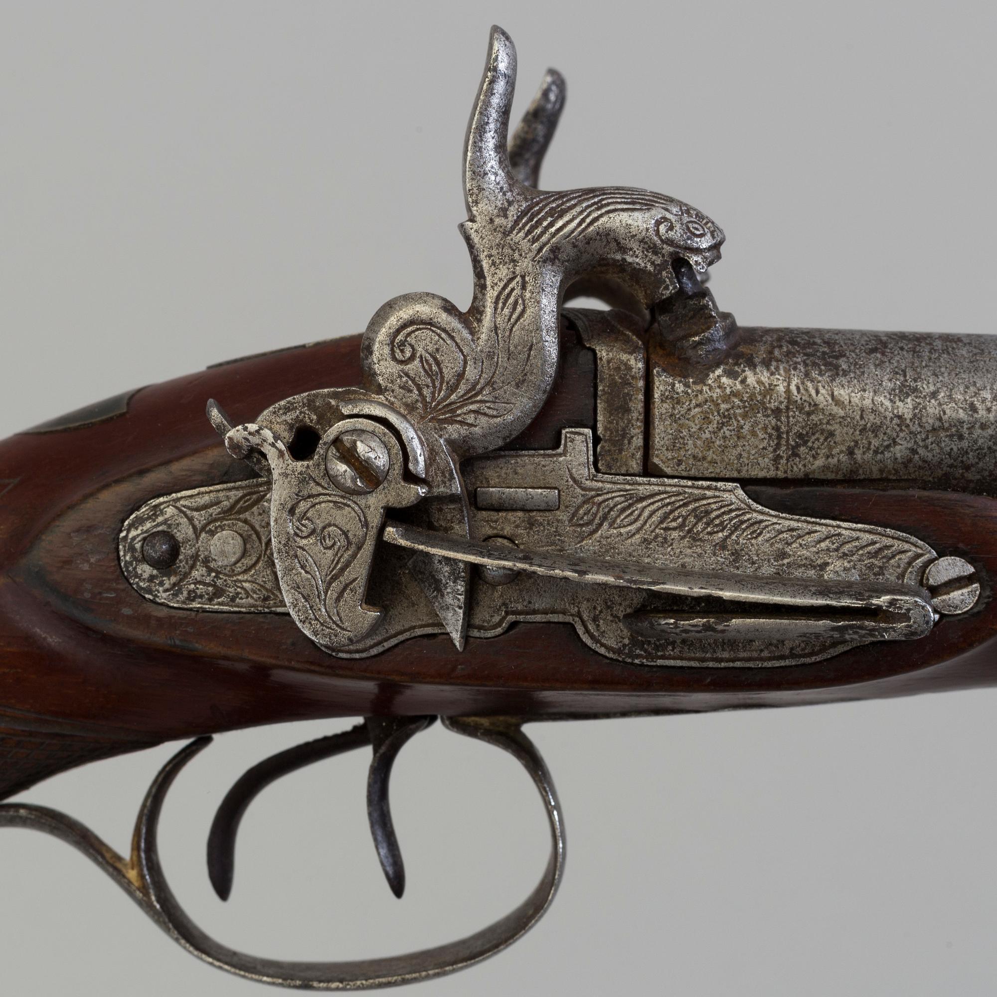 SNAPPLÅSPISTOL, dubbelpipig, otydlig signatur, 1800-tal.