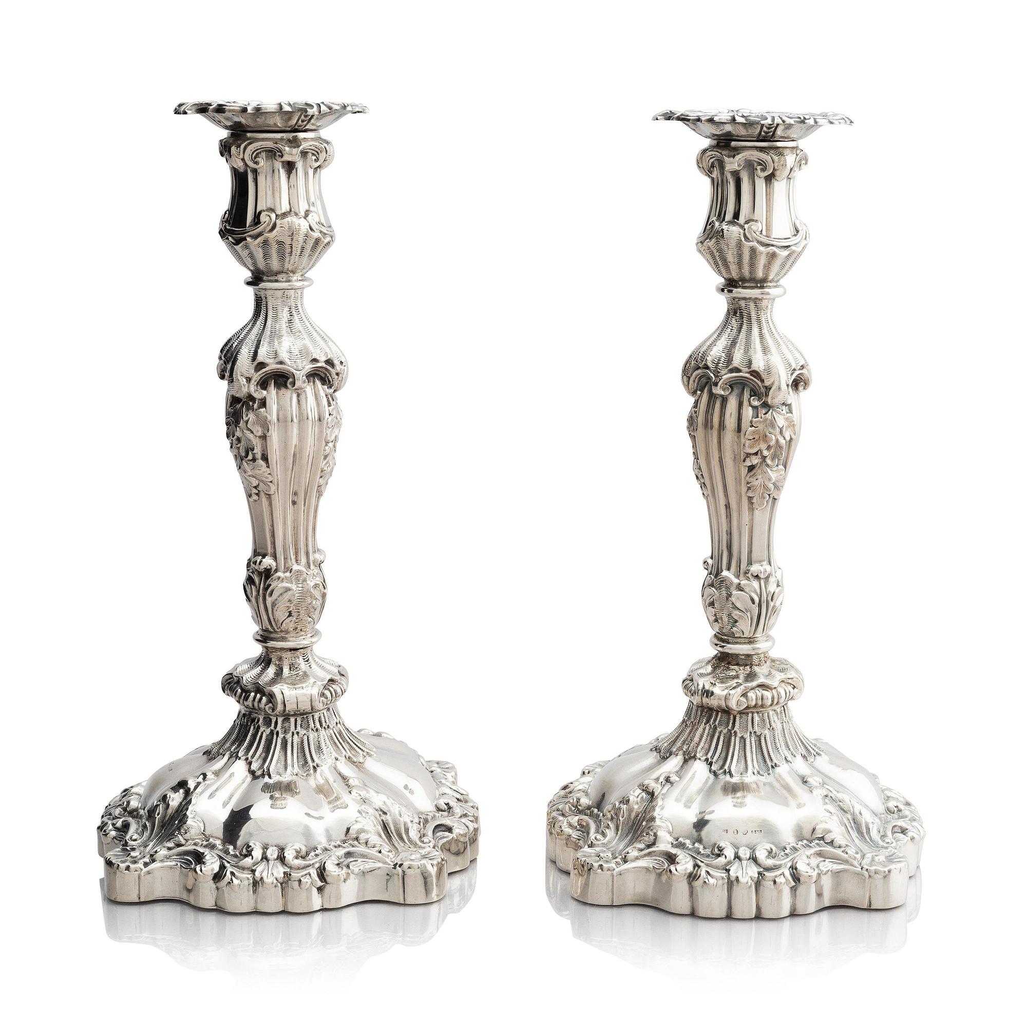 A pair of silver candlesticks, marks Gustaf Möllenborg, Stockholm 1845.