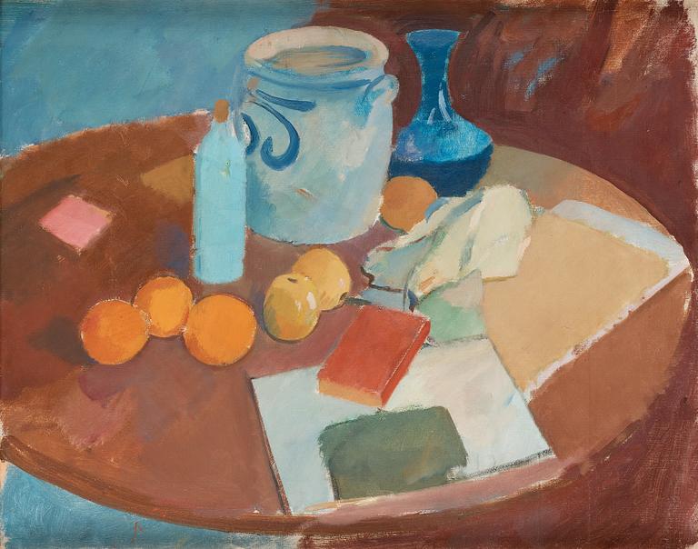 Karl Isakson, Nature morte med grå krukor, apelsiner, citroner och röd bok.