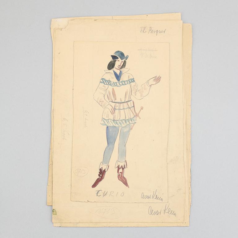 Seven costume sketches by César klein from Shakespears Twelfth Night, signed.