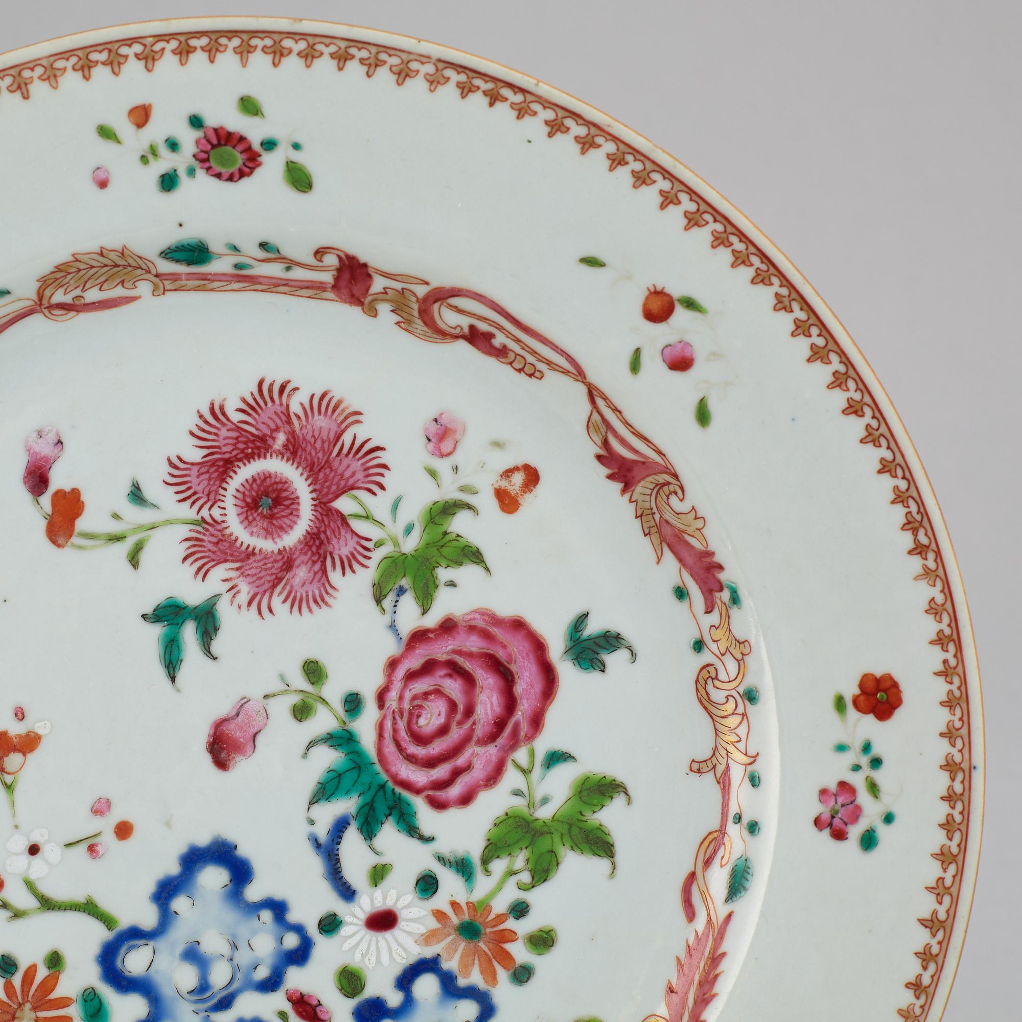 A set of four famille rose dinner plates, Qing dynasty, Qianlong (1736-95).