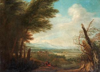 313. Herman van Swanefelt Hans krets, Arkaiskt landskap med rastande figur.