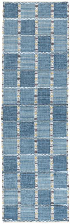 Barbro Nilsson, a runner, "Falurutan blå", flat weave, ca 361 x 109 cm, signed AB MMF BN.