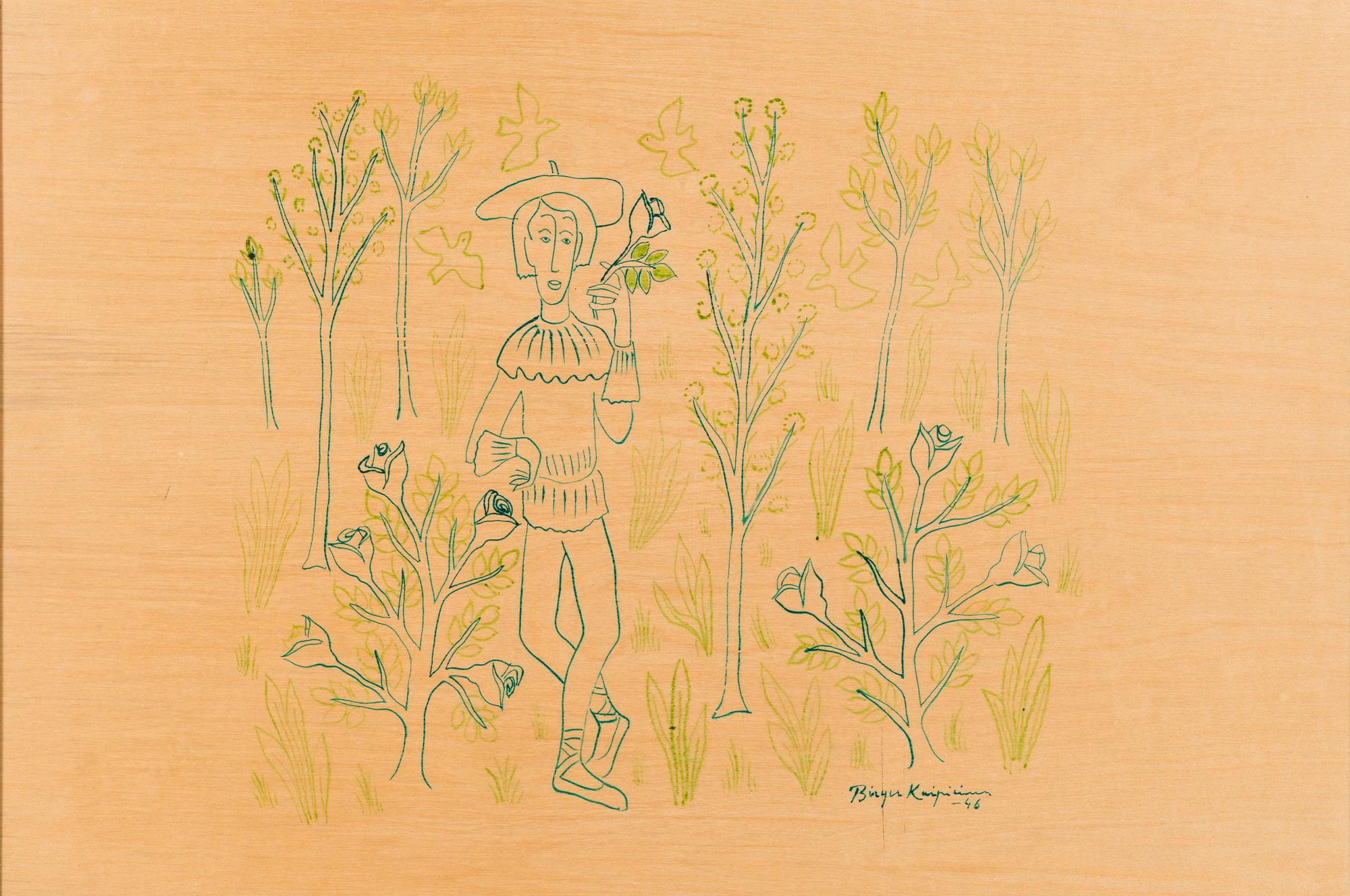 Birger Kaipiainen, drawing, green ink on plywood, signed and dated -46.
