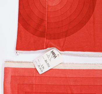 CURTAINS, 3 PIECES, AND SAMPLERS, 4 PIECES. Cotton velor. A variety of light red nuances and patterns. Verner Panton.