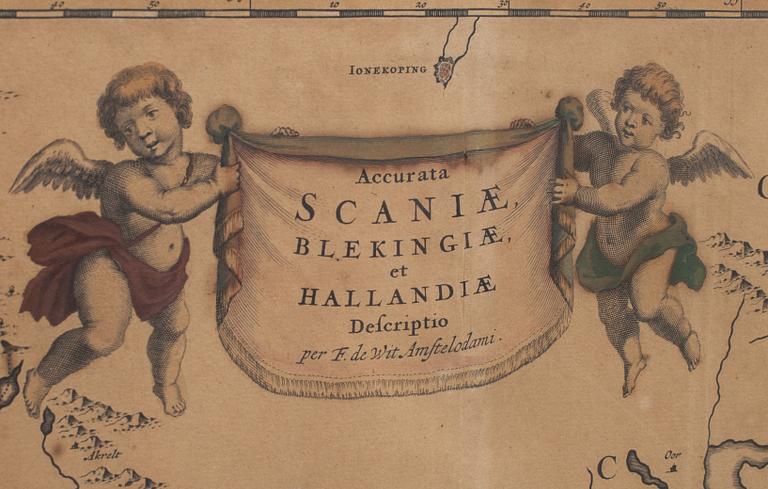 KARTA ÖVER SKÅNE BLEKINGE OCH HALLAND, handkolorerad, 1700/1800-tal.