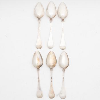 Olaus Andersson, matskedar, 6 st, silver, modell "Gammal fransk", Halmstad 1901-1902.