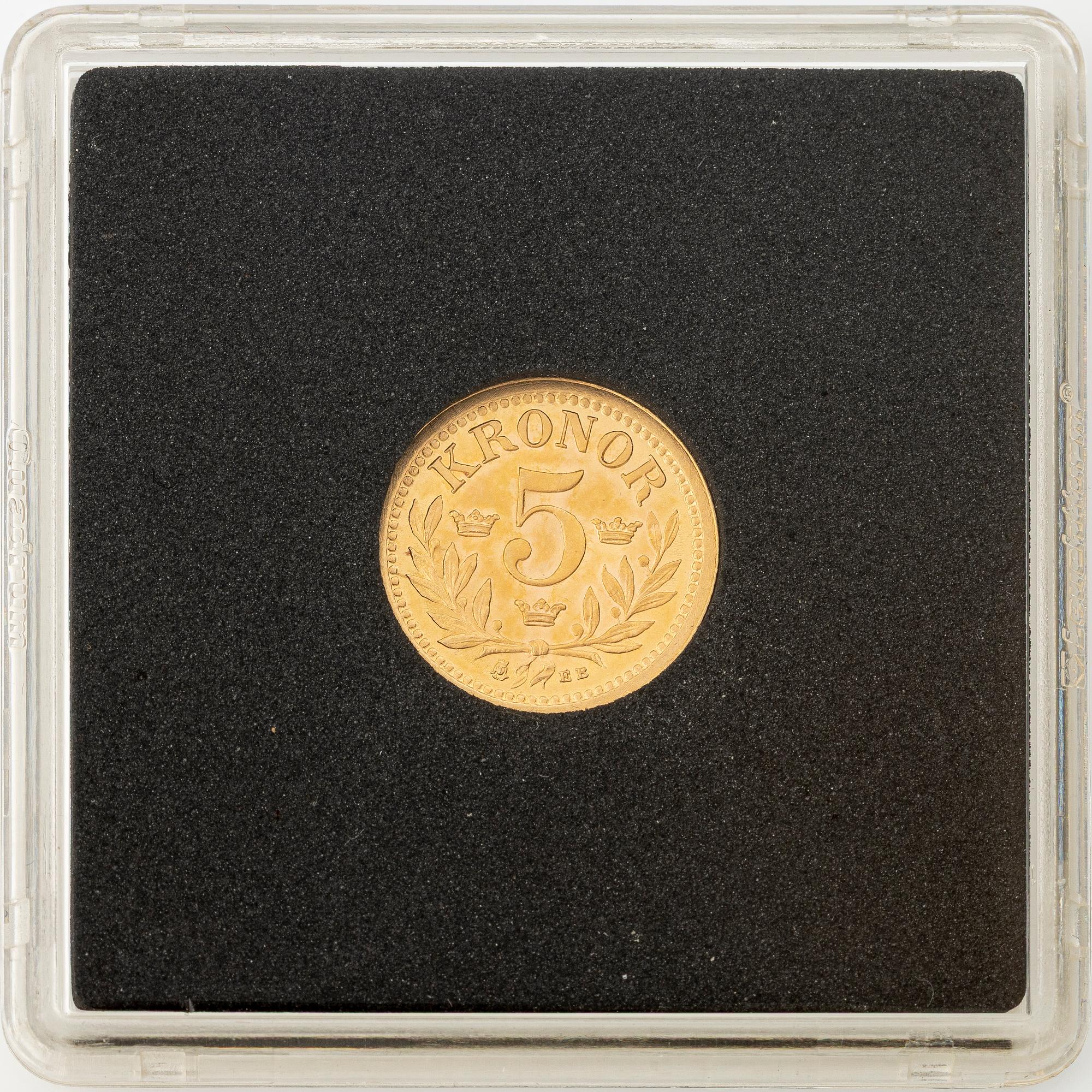 Guldmynt, Oscar II, 5 kronor, typ I, Sverige 1899.