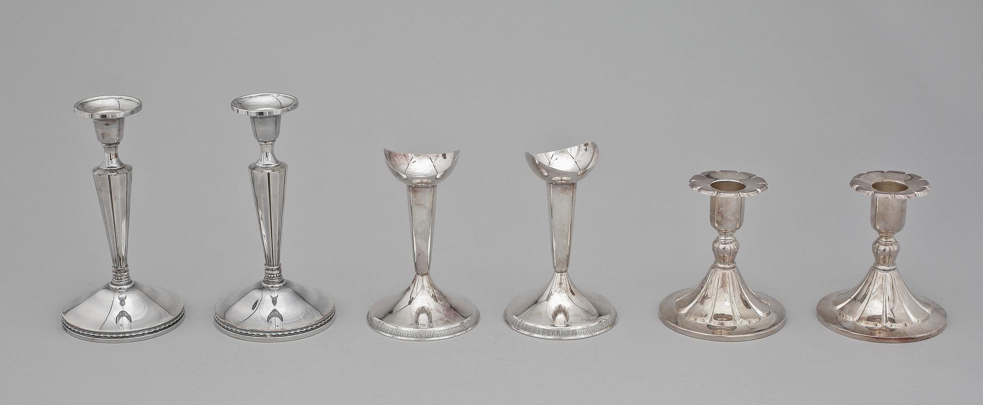 LJUSSTAKAR, 6 par, silver, bl a BEFA Guld- & Silvevarufabrik AB, Göteborg 1965. Tot vikt 440g.