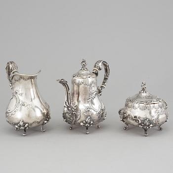 A SILVER COFFEEPOT, SUGARBOWL AND SIMILAR JUG, Hungary-Austria, ca 1900. Weight ca 1327 g.