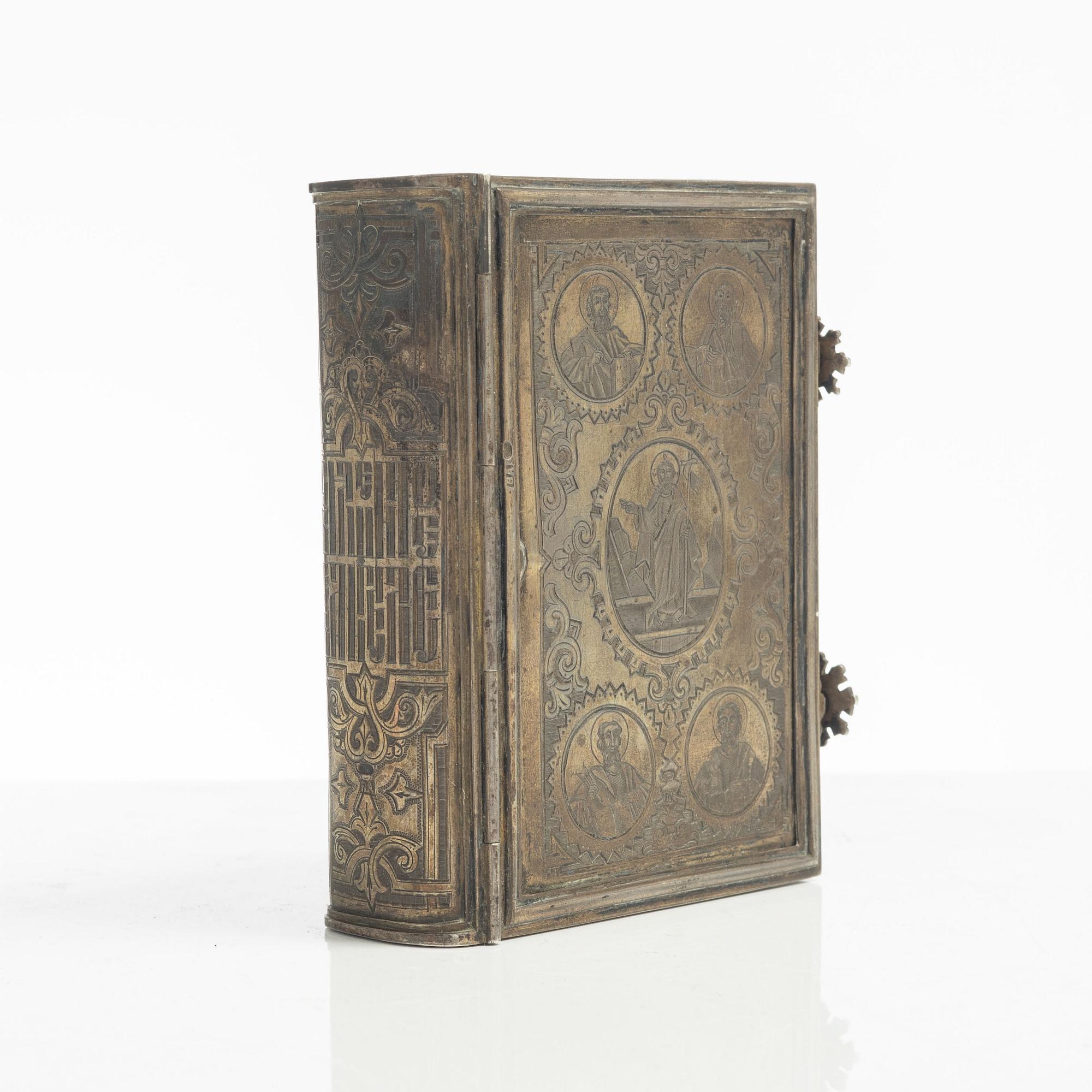 A Russian silver book cover, mark of Vasily Adreyev, Moscow 1908-1917.