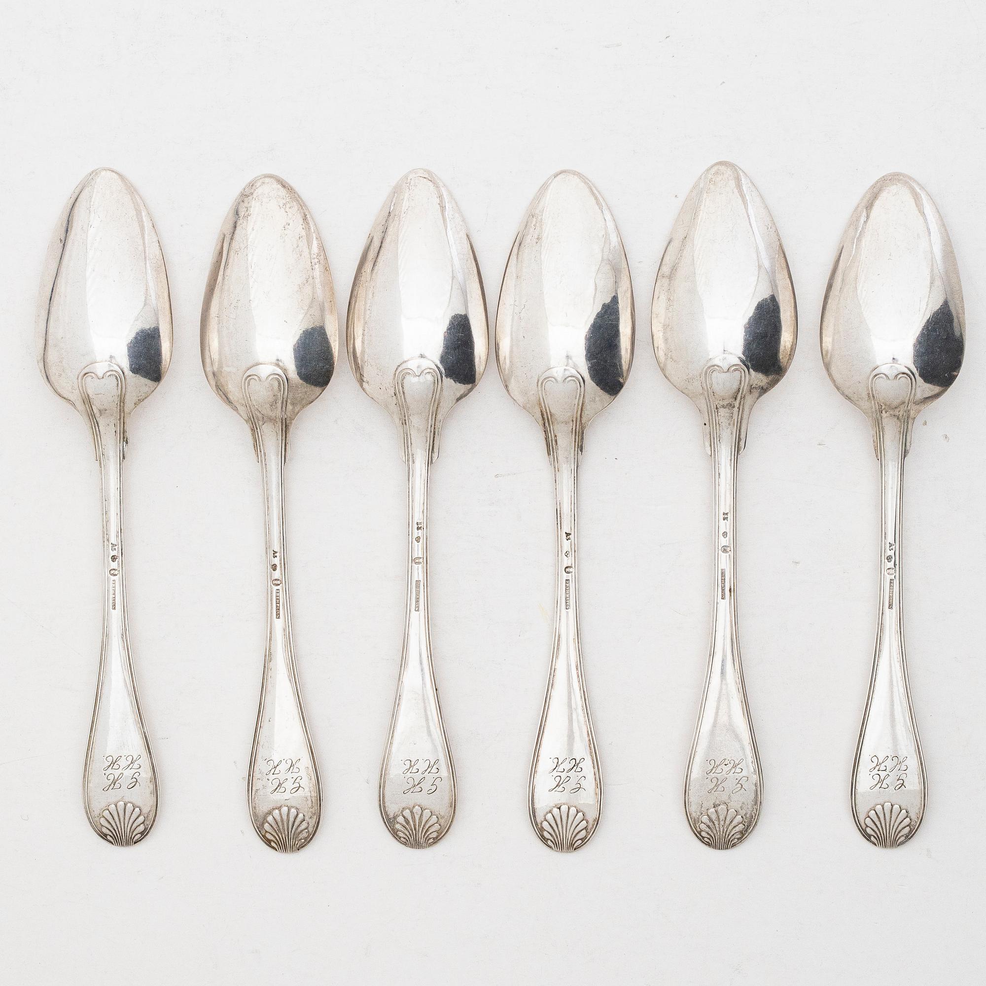Adolf Zethelius, Six Swedish silver dinner spoons, mark of Adolf Zethelius, Stockholm 1831-1839.