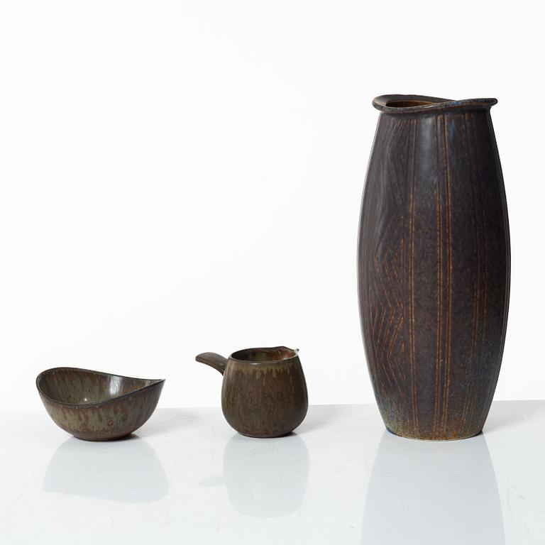 Gunnar Nylund, a stoneware vase, a bowl and a creamer, Rörstrand.