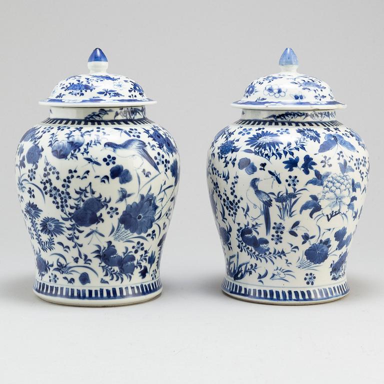 A pair of blue and white vases.