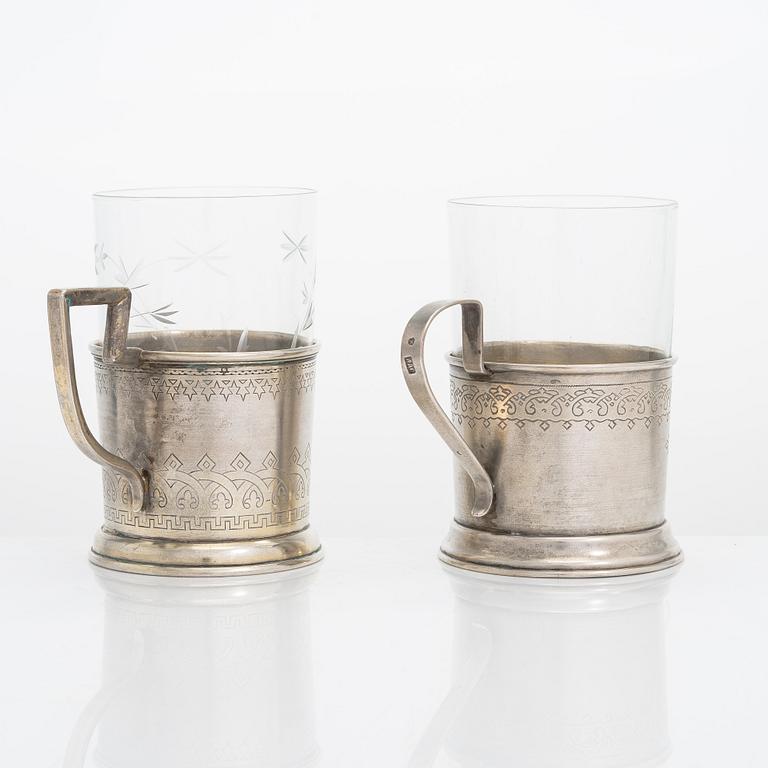 Two 19th-century silver tea glass holders, Moscow 1879 and 1894.