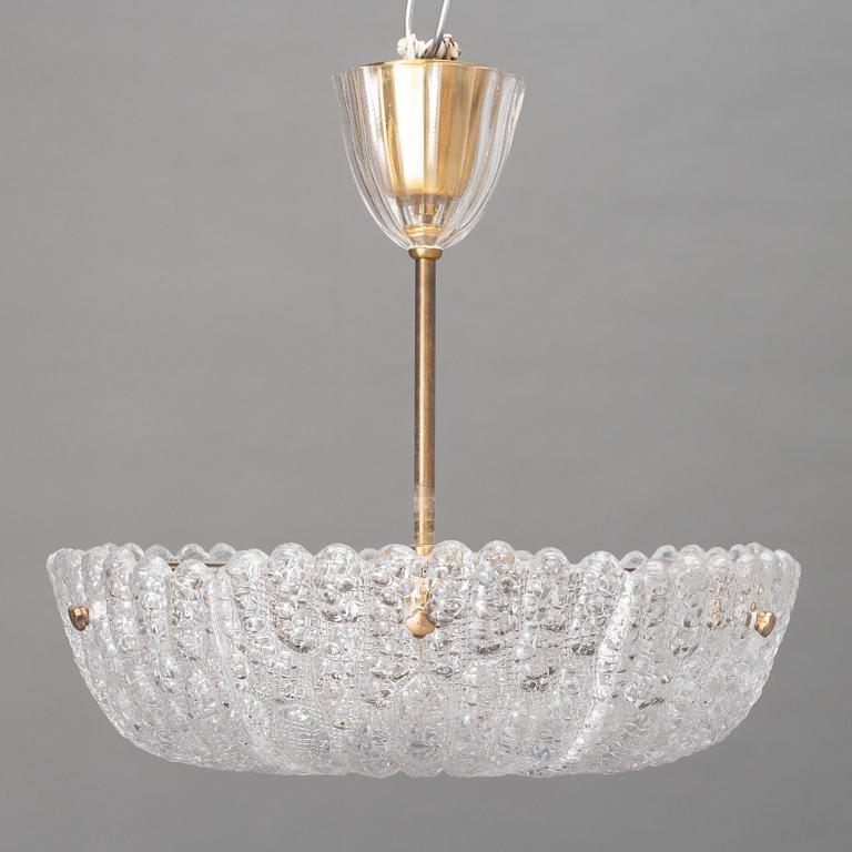 Carl Fagerlund, a brass and glass ceiling lamp, Orrefors, late 20th century.