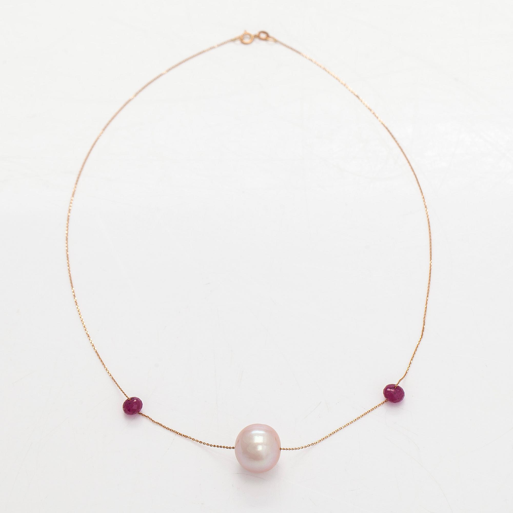 Necklace, cultured pearl, corundum, 14K gold.