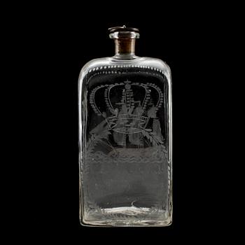 BRÄNNVINSFLASKA, glas, propp med mynt, 1800-tal.